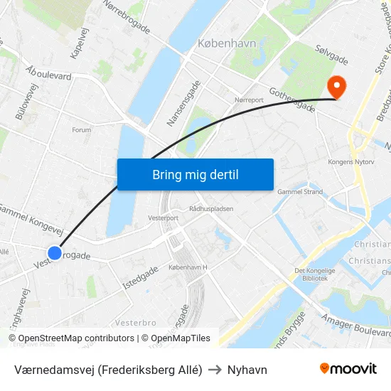 Værnedamsvej (Frederiksberg Allé) to Nyhavn map