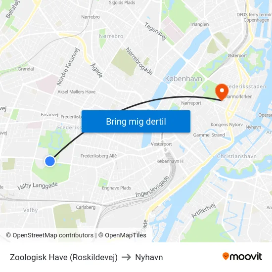 Zoologisk Have (Roskildevej) to Nyhavn map