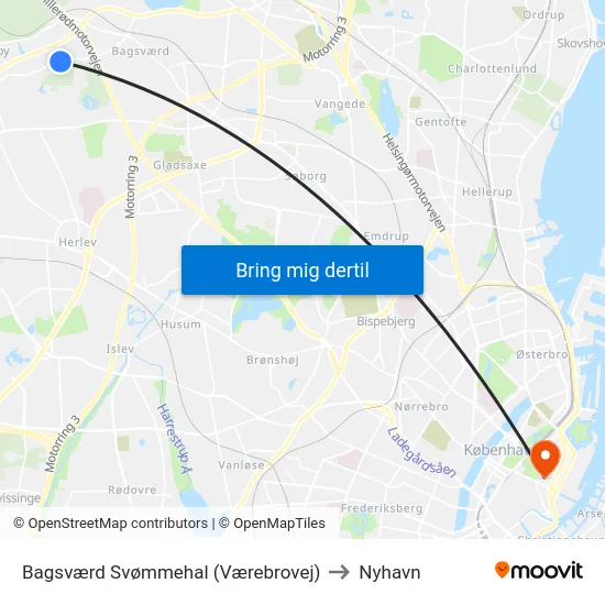 Bagsværd Svømmehal (Værebrovej) to Nyhavn map