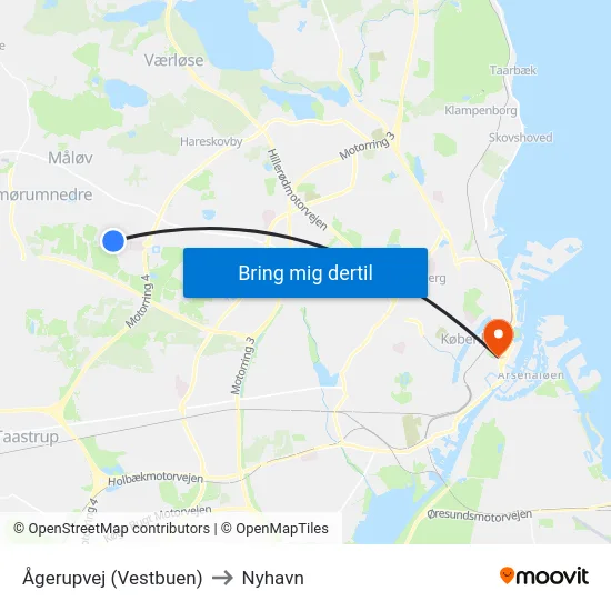 Ågerupvej (Vestbuen) to Nyhavn map