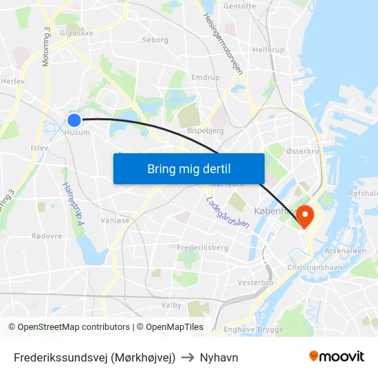 Frederikssundsvej (Mørkhøjvej) to Nyhavn map