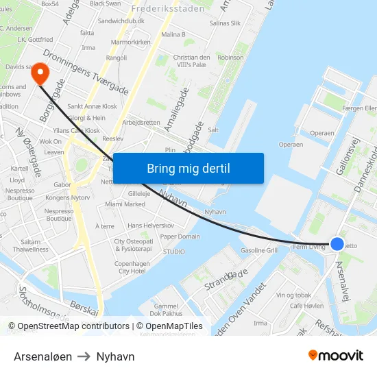 Arsenaløen to Nyhavn map