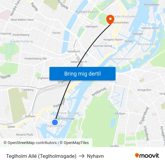 Teglholm Allé (Teglholmsgade) to Nyhavn map