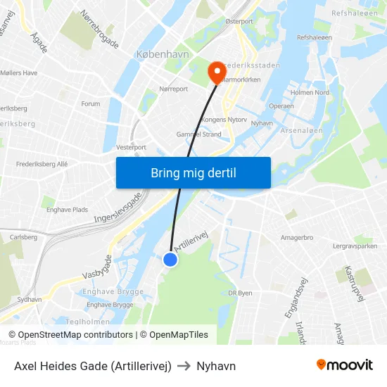 Axel Heides Gade (Artillerivej) to Nyhavn map