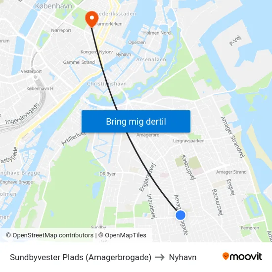 Sundbyvester Plads (Amagerbrogade) to Nyhavn map