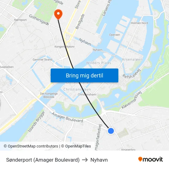 Sønderport (Amager Boulevard) to Nyhavn map