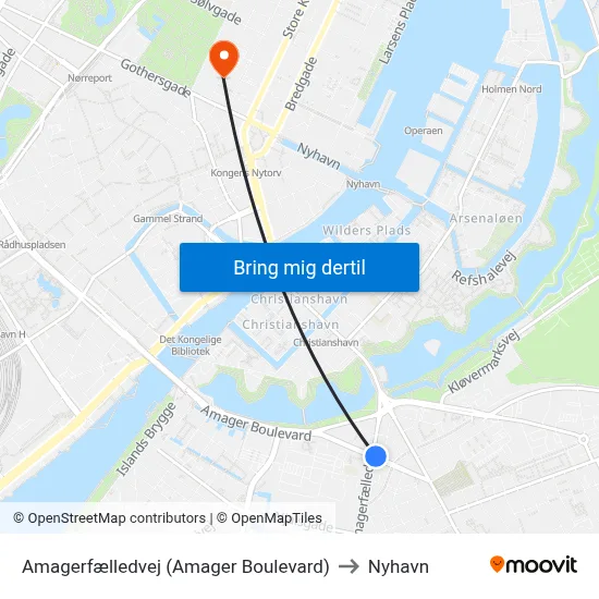 Amagerfælledvej (Amager Boulevard) to Nyhavn map