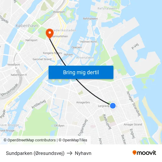 Sundparken (Øresundsvej) to Nyhavn map