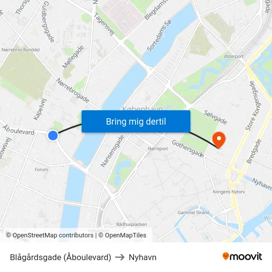 Blågårdsgade (Åboulevard) to Nyhavn map