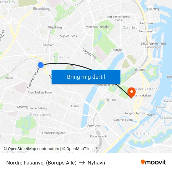 Nordre Fasanvej (Borups Allé) to Nyhavn map