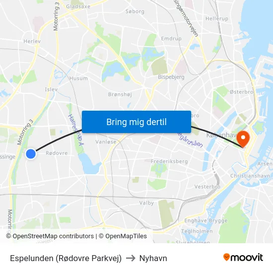 Espelunden (Rødovre Parkvej) to Nyhavn map