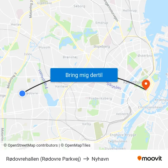 Rødovrehallen (Rødovre Parkvej) to Nyhavn map