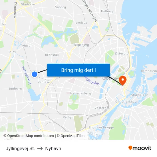 Jyllingevej St. to Nyhavn map