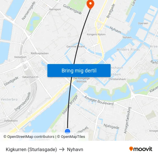Kigkurren (Sturlasgade) to Nyhavn map