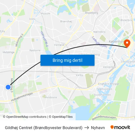 Gildhøj Centret (Brøndbyvester Boulevard) to Nyhavn map