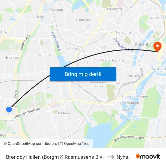 Brøndby Hallen (Borgm K Rasmussens Blvd) to Nyhavn map