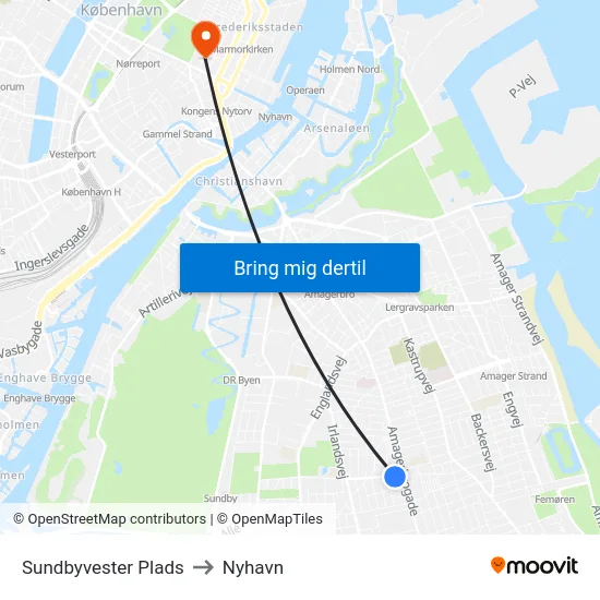 Sundbyvester Plads to Nyhavn map