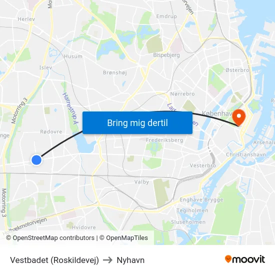 Vestbadet (Roskildevej) to Nyhavn map