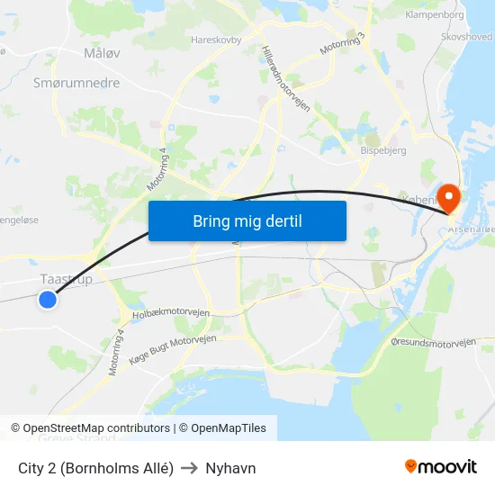 City 2 (Bornholms Allé) to Nyhavn map