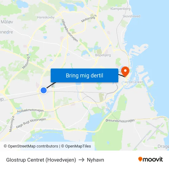 Glostrup Centret (Hovedvejen) to Nyhavn map