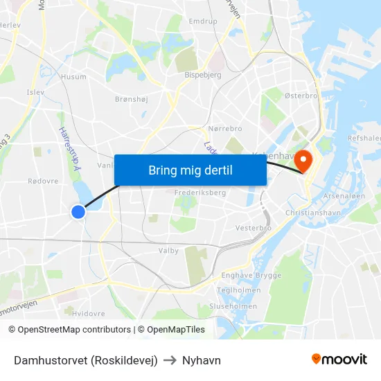 Damhustorvet (Roskildevej) to Nyhavn map