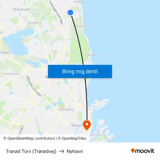 Trørød Torv (Trørødvej) to Nyhavn map