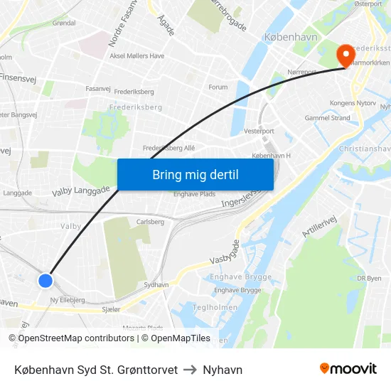 København Syd St. Grønttorvet to Nyhavn map