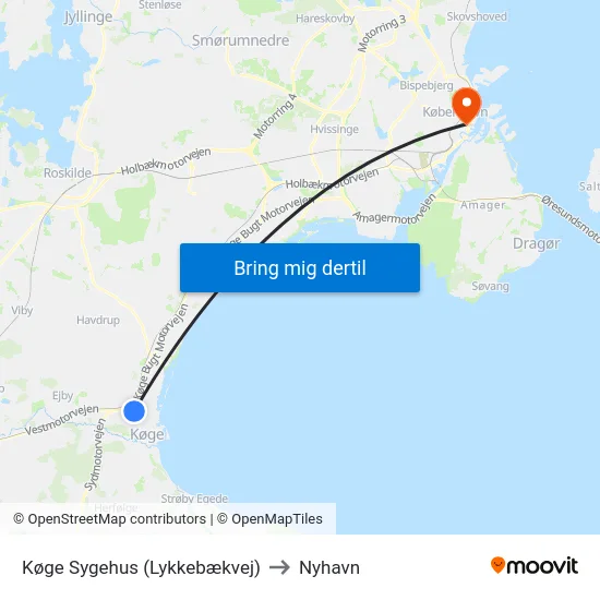 Køge Sygehus (Lykkebækvej) to Nyhavn map