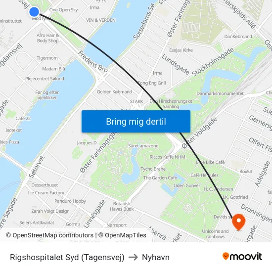 Rigshospitalet Syd (Tagensvej) to Nyhavn map