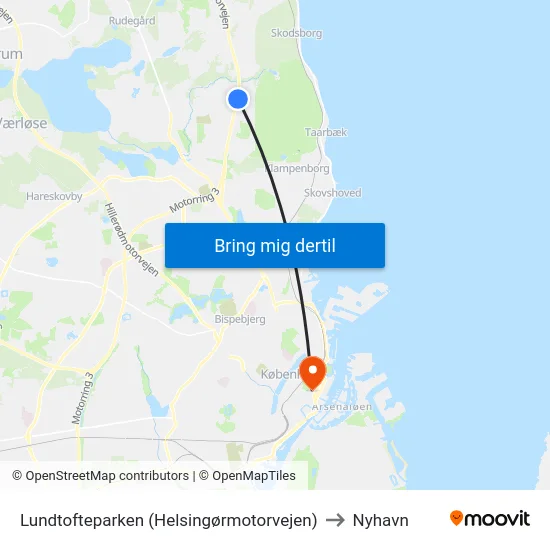 Lundtofteparken (Helsingørmotorvejen) to Nyhavn map