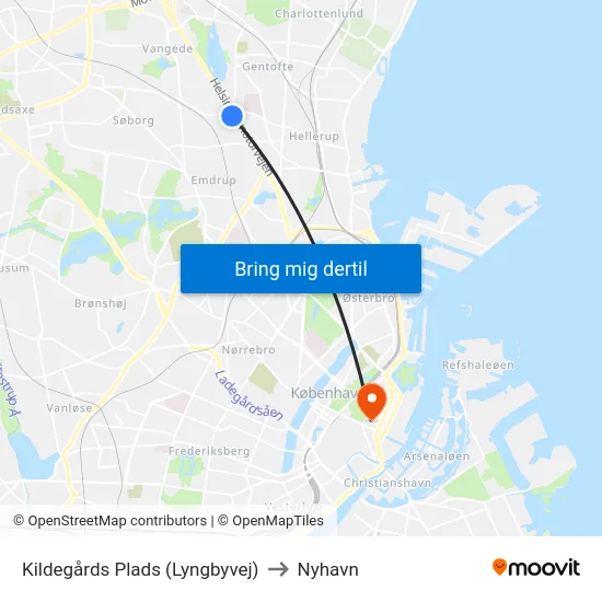 Kildegårds Plads (Lyngbyvej) to Nyhavn map