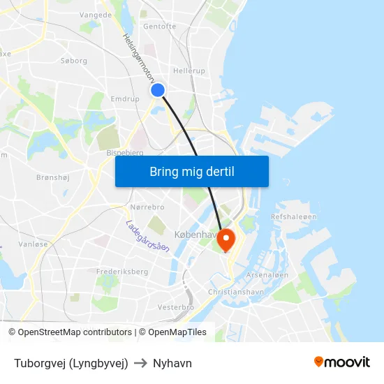 Tuborgvej (Lyngbyvej) to Nyhavn map