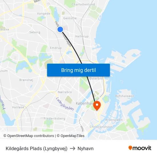 Kildegårds Plads (Lyngbyvej) to Nyhavn map