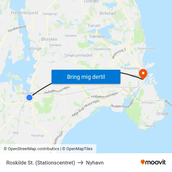 Roskilde St. (Stationscentret) to Nyhavn map