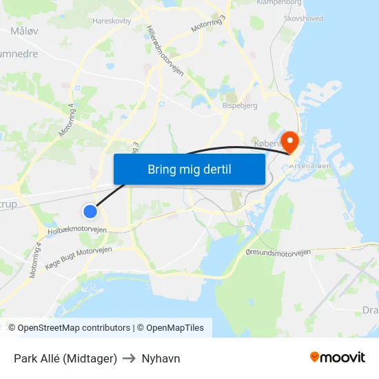 Park Allé (Midtager) to Nyhavn map