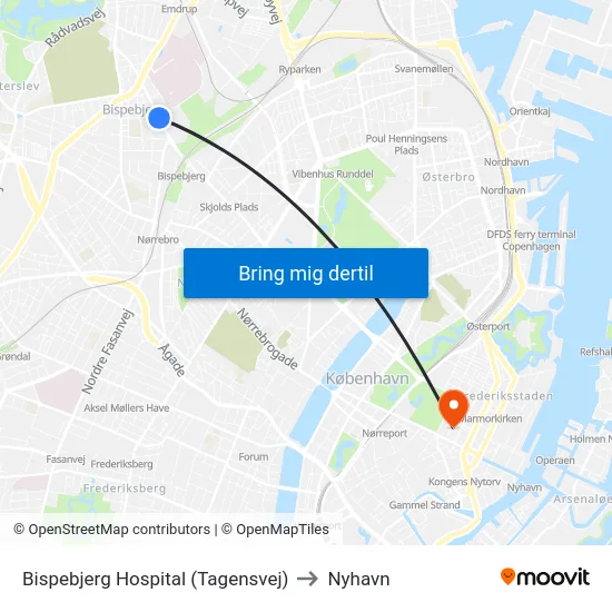 Bispebjerg Hospital (Tagensvej) to Nyhavn map