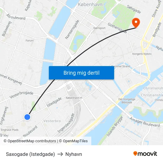 Saxogade (Istedgade) to Nyhavn map