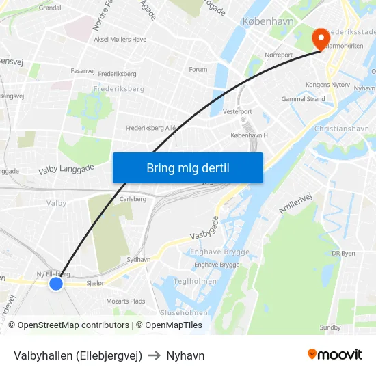 Valbyhallen (Ellebjergvej) to Nyhavn map