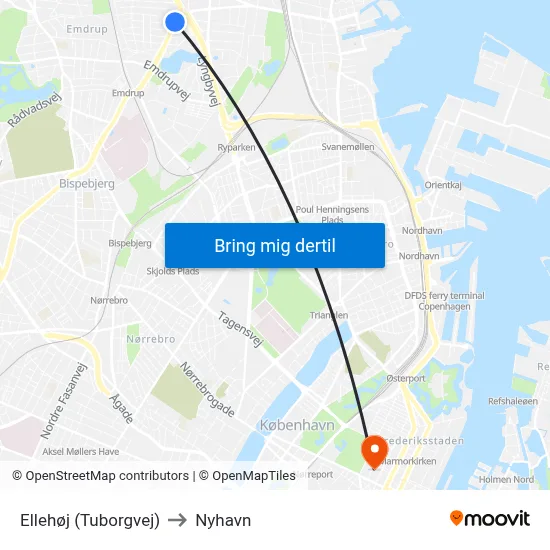 Ellehøj (Tuborgvej) to Nyhavn map
