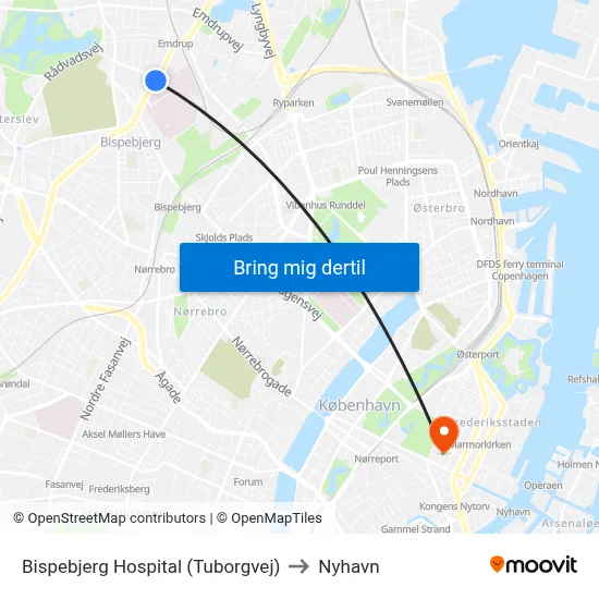 Bispebjerg Hospital (Tuborgvej) to Nyhavn map