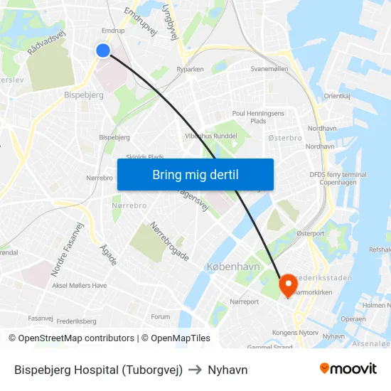 Bispebjerg Hospital (Tuborgvej) to Nyhavn map