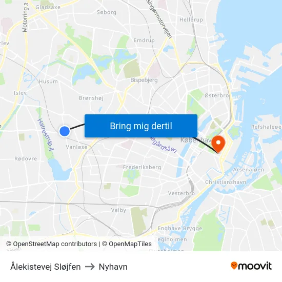 Ålekistevej Sløjfen to Nyhavn map