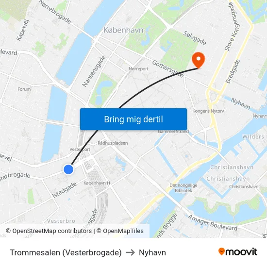 Trommesalen (Vesterbrogade) to Nyhavn map