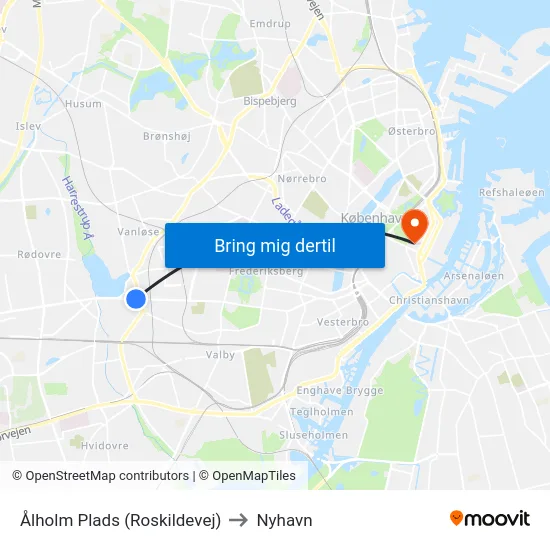 Ålholm Plads (Roskildevej) to Nyhavn map
