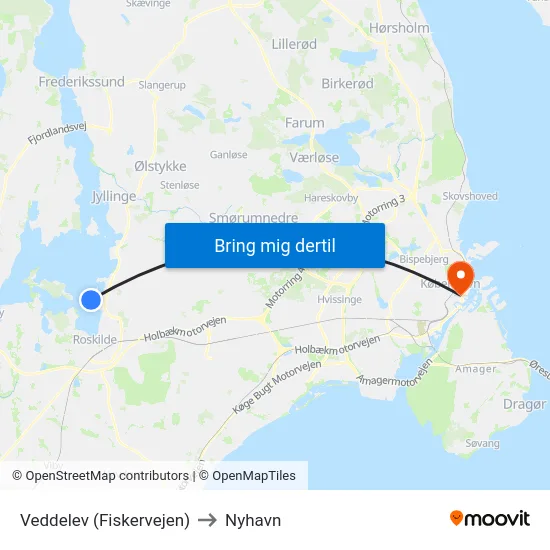 Veddelev (Fiskervejen) to Nyhavn map