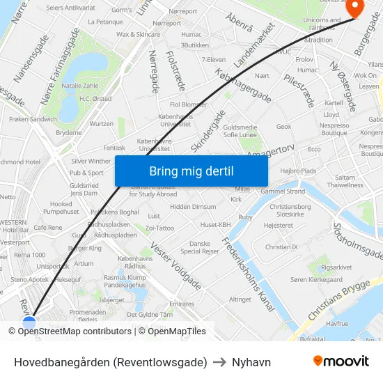 Hovedbanegården (Reventlowsgade) to Nyhavn map
