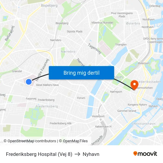 Frederiksberg Hospital (Vej 8) to Nyhavn map
