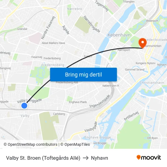Valby St. Broen (Toftegårds Allé) to Nyhavn map