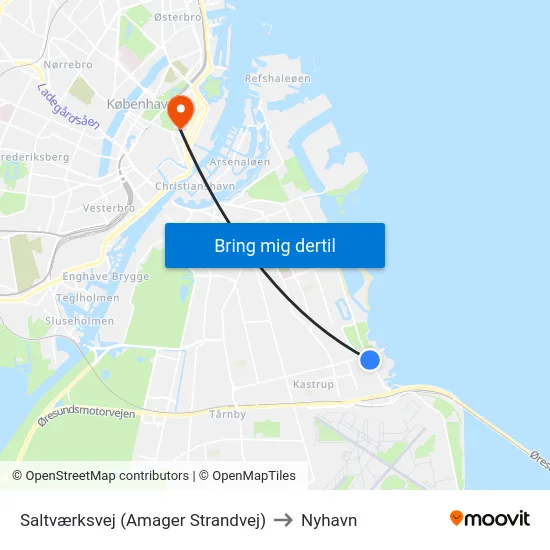 Saltværksvej (Amager Strandvej) to Nyhavn map