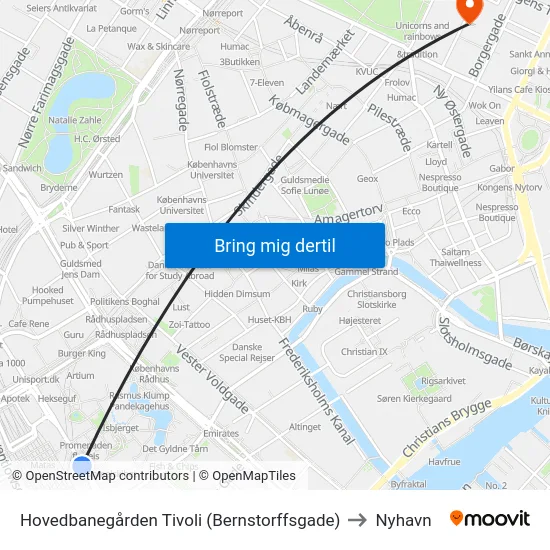 Hovedbanegården Tivoli (Bernstorffsgade) to Nyhavn map